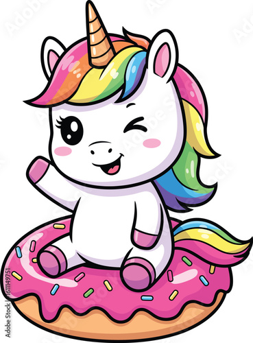 Adorable kawaii unicorn sitting on a pink frosted donut vector illustration