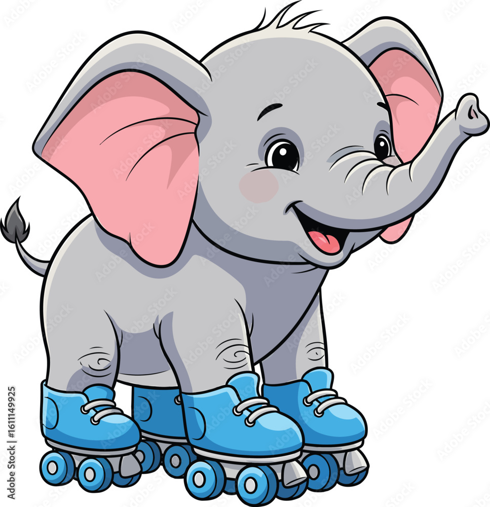 Fototapeta premium Cute cartoon elephant wearing blue roller skates vector illustration