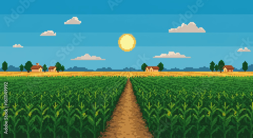 Vector Pixel Art Corn Farm Scene – Retro Agricultural Landscape Illustration