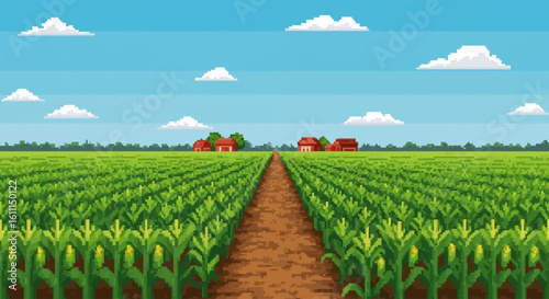 Vector Pixel Art Corn Farm Scene – Retro Agricultural Landscape Illustration