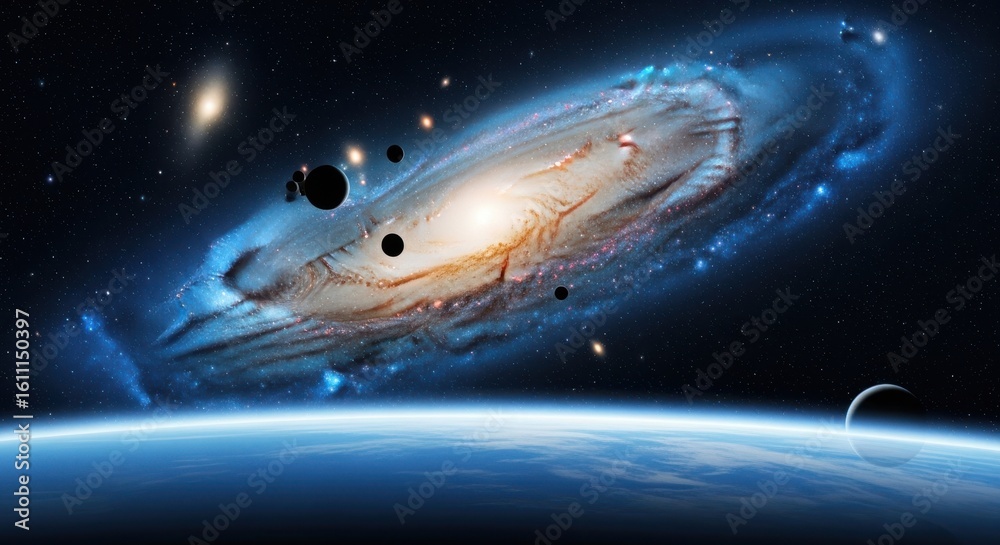 Fototapeta premium A majestic spiral galaxy glows with blue and white light, surrounded by stars and planets, with a view of earth and the moon in the foreground