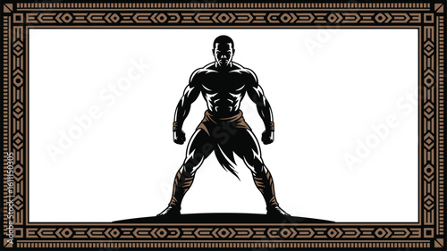 Strong african warrior in silhouette pose within an ornamental border with decorative patterns