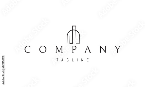 A vector logo featuring an abstract image an arch framing the silhouette of a city skyline, combining architectural elegance with urban symbolism.