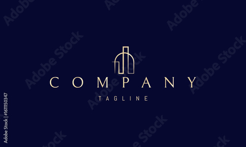 A vector golden logo an abstract image an arch framing the silhouette of a city skyline, combining architectural elegance with urban symbolism.