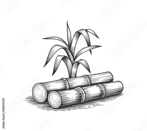 Sugarcane plant with cut stalks detailed vintage engraving sketch in black and white vector illustration