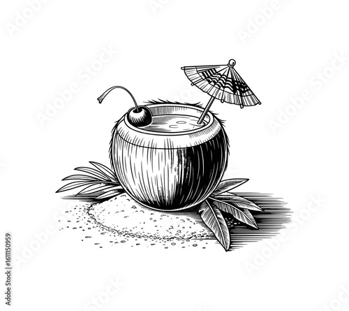Tropical coconut cocktail with cherry and umbrella on beach sand vintage engraving style vector illustration