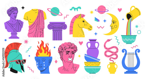 Aesthetic Greek Mythology and Ancient Roman Sculpture with Surrealism Illustration in Vibrant Colors for Creative Projects