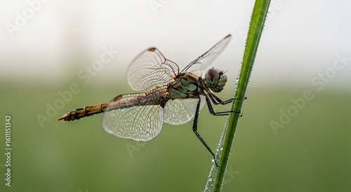 Dragonfly perched on a blade of grass in a nature, capturing its delicate beauty