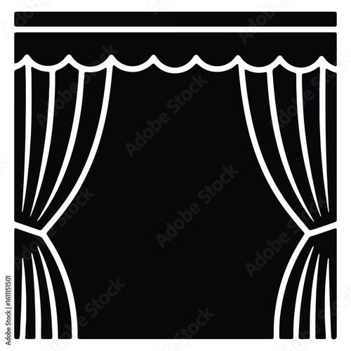 Elegant black and white theater stage curtains with scalloped valance and blank space