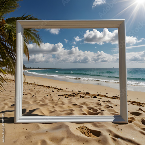 Sunny Beach Scene with Ocean View Framed in White Border