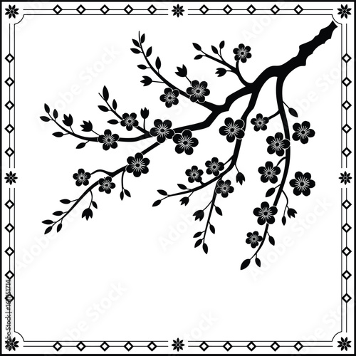 Elegant black and white floral branch design with decorative border ideal for various creative projects
