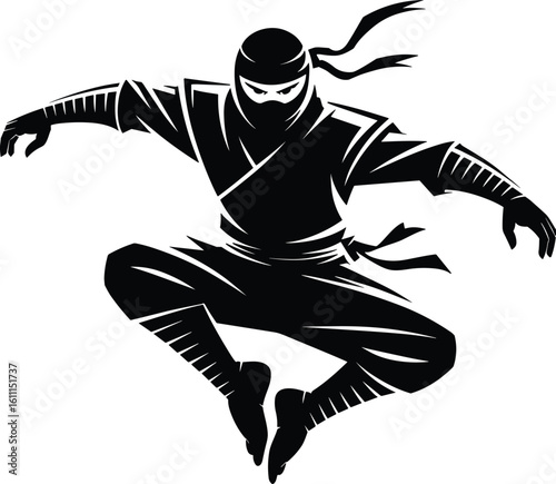Vector illustration of a japanese ninja in mid-air with stealth and martial arts poses