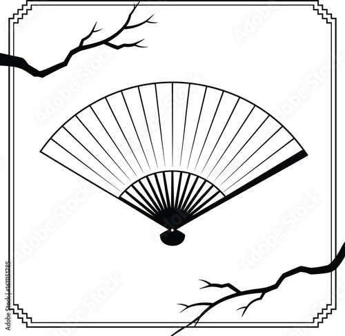 Elegant black and white vector illustration of a traditional japanese hand fan and branch decoration