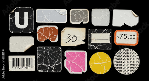 Collection of Various Aged and Distressed Stickers on Black Background Illustrating Vintage and Retro Aesthetic Style