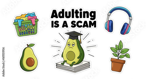 Funny Stickers Depicting the Challenges and Ironies of Adulthood with Relatable Items and Avocado Character