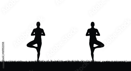 Serene Yoga Silhouettes, Grass Background