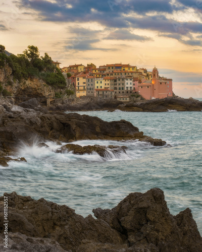 Fototapeta Naklejka Na Ścianę i Meble -  colorful coastal village of tellaro at sunset, ligurian coast, italy