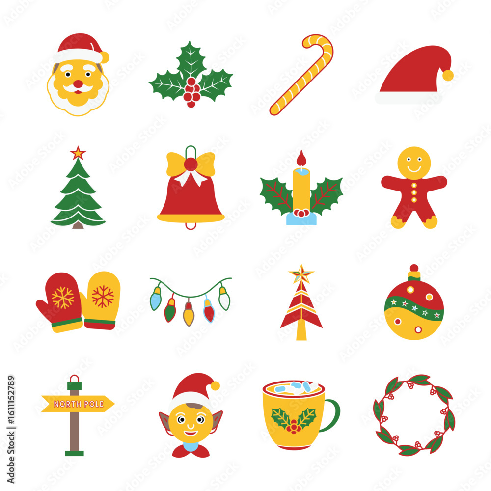 Fototapeta premium Christmas Colorful Solid Icon Set. Festive Vector Icons for Winter Holiday, Santa, Gifts, and Celebration of Merry Christmas. Colorful Christmas Icon Set. Solid Style Holiday Vector Collection