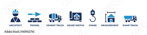 Architecting Construction Icons set vector illustration blue with Architect, Trowel, Cement truck, House sketch, Crane, Measurement, Dump truck