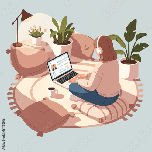 A woman sits on a rug, using a laptop and headphones in a cozy home environment.