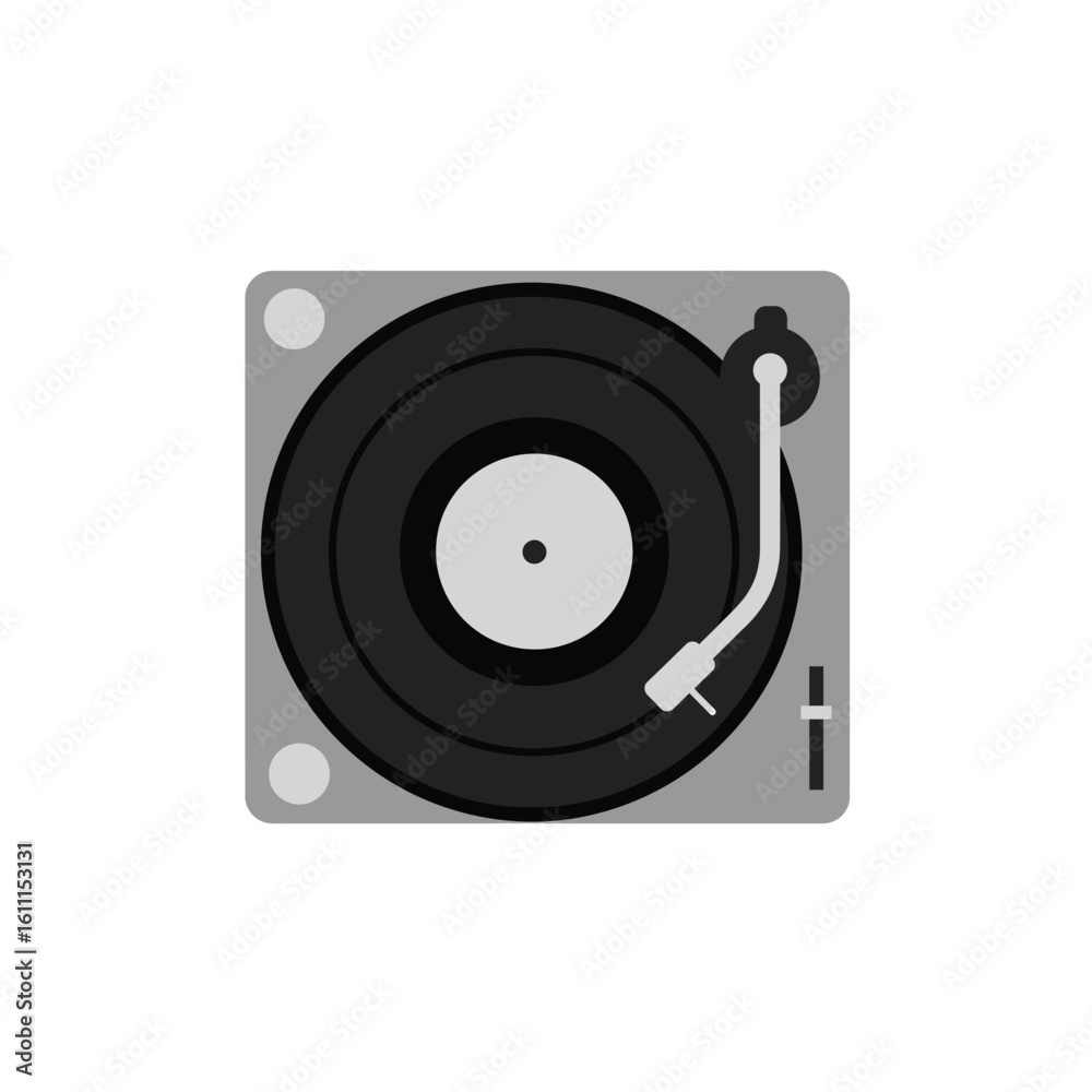 Classic gray turntable with a black vinyl record and tonearm ready for playing analog music and audio entertainment. Classic gray turntable with a black vinyl record and tonearm ready for playing analog music and audio entertainment.