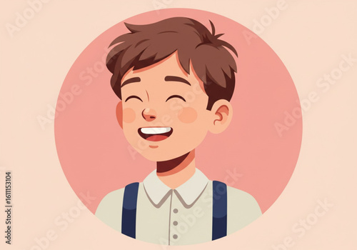 Happy young boy with brown hair and blue suspenders smiling