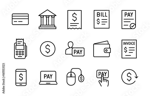 Payment and billing icons set. Credit card, bill, pay, invoice, bank, wallet, online payment, vector