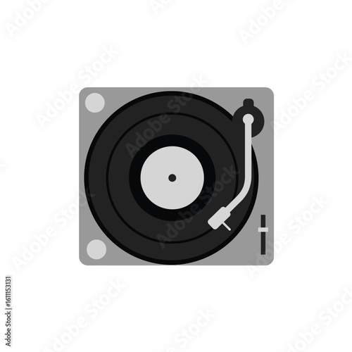 Classic gray turntable with a black vinyl record and tonearm ready for playing analog music and audio entertainment.