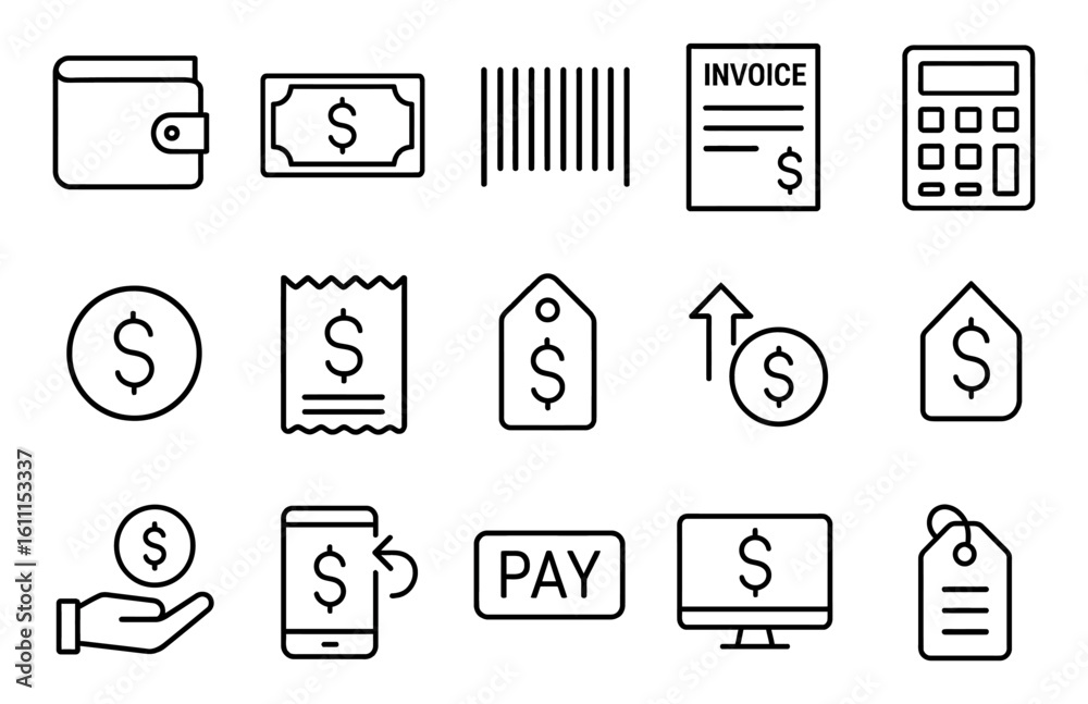 Fototapeta premium Finance and payment outline icons set. Wallet, dollar, barcode, invoice, calculator, tag, pay, vector
