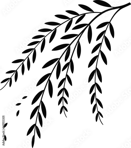 Elegant black willow branch silhouette with falling leaves against a clean white background for design