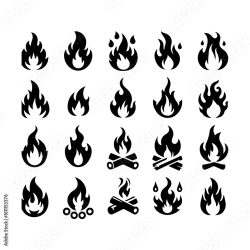 Collection of fire icons silhouette isolated on transparent background