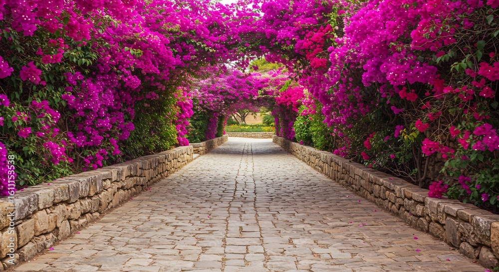 Obraz premium Enchanting Pathway Lined with Vibrant Pink Bougainvillea Flowers