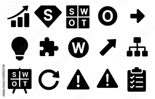 Set of business icons with swot analysis, growth chart, checklist, target, idea, warning, puzzle, vector
