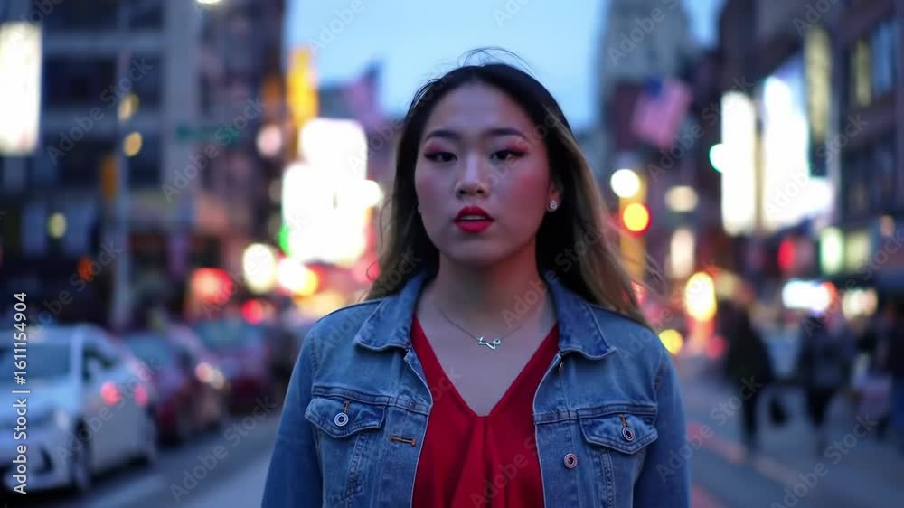 Woman with eyes closed in city street with cars and blurred lights Woman with eyes closed in city street with cars and blurred lights