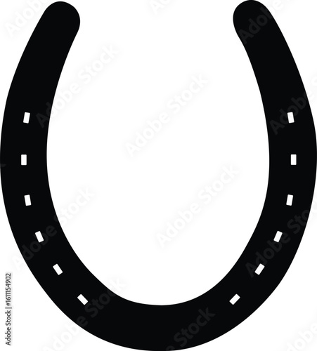 A graphic illustration of a horseshoe, depicted in solid black, with a bright white background. The horseshoe is a symbol of luck.