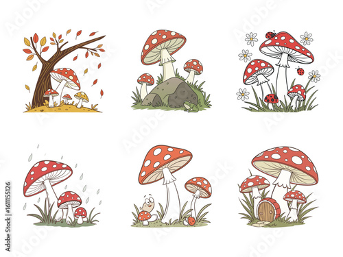 Six charming mushroom patch scenes showcase whimsical toadstools, tiny frogs and ladybugs, transparent background