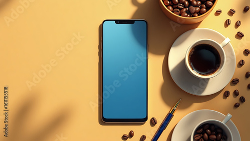 A realistic smartphone mockup placed on a traditional golden ochre, pink, white background.