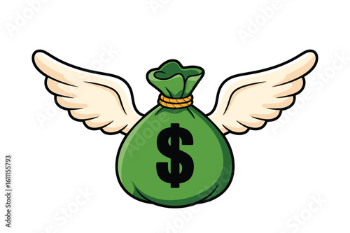 Cartoon Money Bag with Wings Concept of Fast Spending and Financial Freedom Illustration