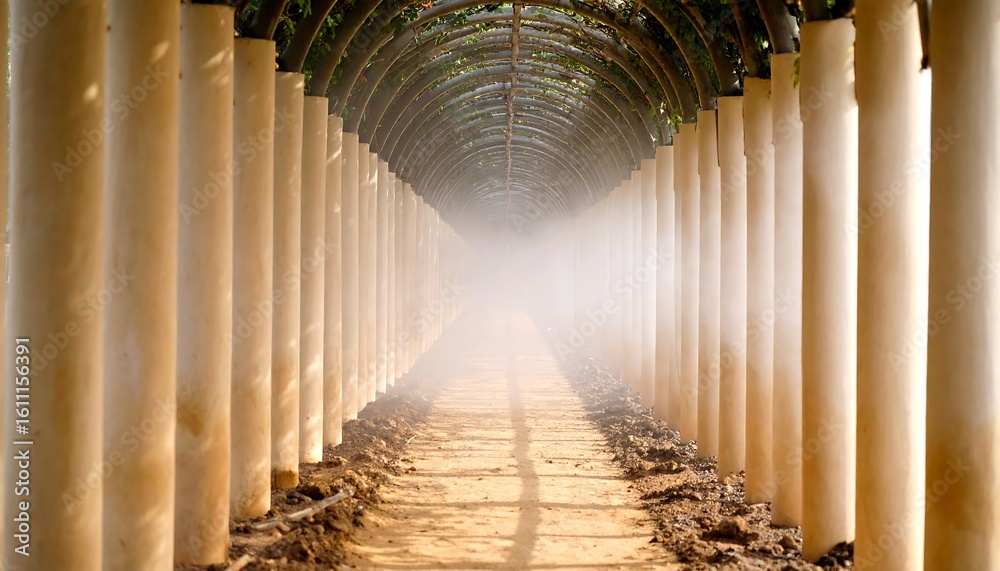 Naklejka premium Walking Path Through Tunnel with Posts and Fog