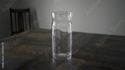 A clear glass pitcher with a slightly flared top sits on a dark wood surface against a muted gray background