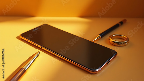 A realistic smartphone mockup placed on a traditional golden ochre, pink, white background.