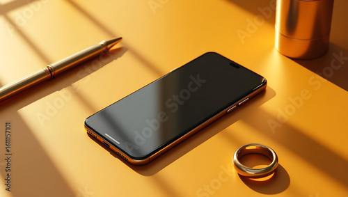 A realistic smartphone mockup placed on a traditional golden ochre, pink, white background.