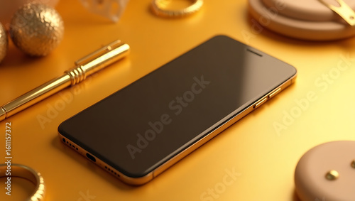 A realistic smartphone mockup placed on a traditional golden ochre, pink, white background.