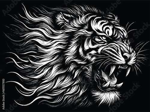 Tigger lines art carbon painting for decorate new products. wildlife, biological, draw, dangerous, natural, elegant, terrifying, arrogant, cat, animal, feline, art, beauty, fashion .