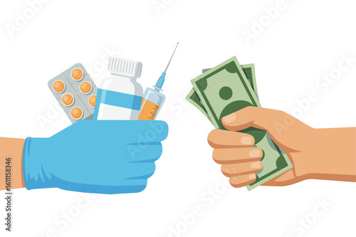 Pharmaceuticals for sale with hand in glove exchanging for cash symbolizing healthcare costs and medical expenses illustration