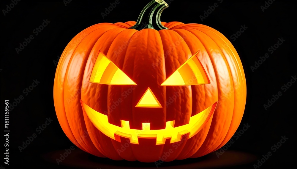 Fototapeta premium Illuminated jack-o'-lantern with a spooky expression ready for trick-or-treating season