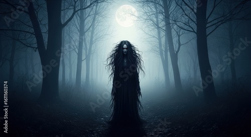 Fototapeta Naklejka Na Ścianę i Meble -  Creepy long-haired female figure in a dark foggy forest at night