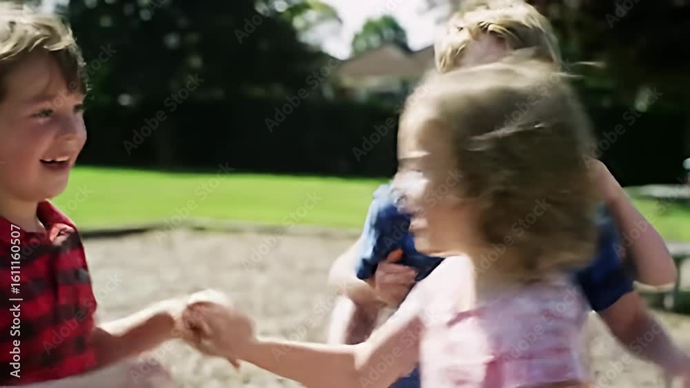 Three blond kids laugh joyfully on playground during a sunny day outdoors Three blond kids laugh joyfully on playground during a sunny day outdoors