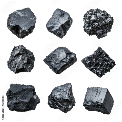 Collection of different types of coal isolated on transparent background