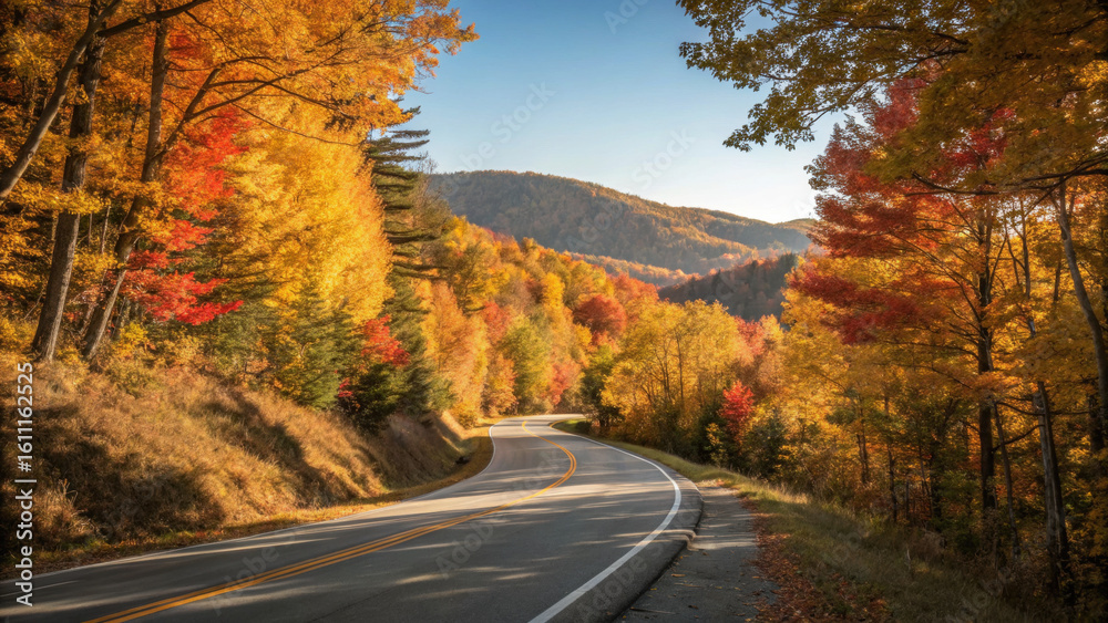 Obraz premium Winding road meanders through vibrant landscape of golden autumn leaves, showcasing beauty of nature in full fall splendor. scene evokes sense of tranquility and adventure